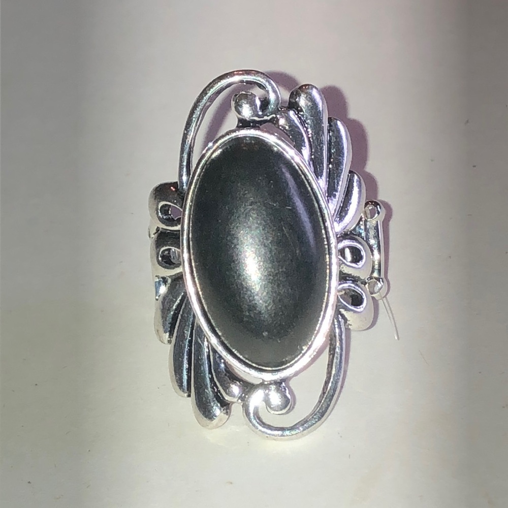 Silver Tone Black Oval Faux Stone Boho Statement Ring